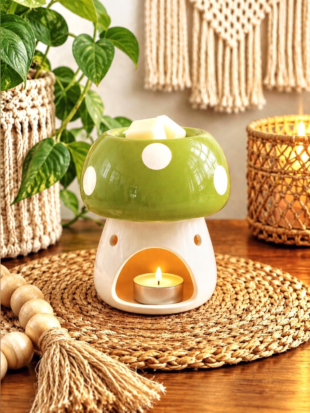 Green & White Ceramic Mushroom Wax Warmer